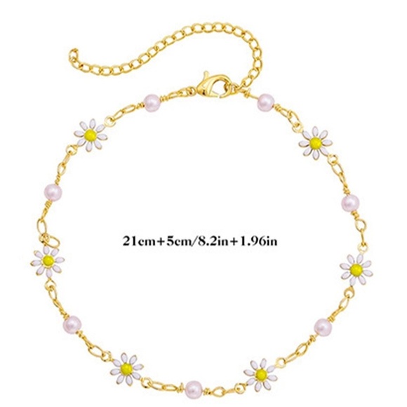 Gold Daisy And Pearl Chain Anklet Set of Two - Picture 5 of 6